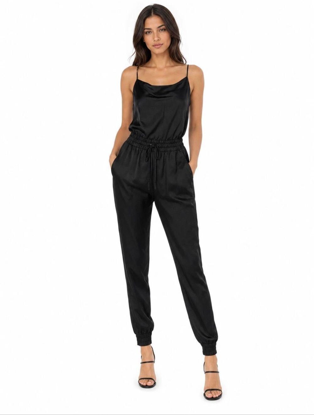 NWT Cinq à Sept Jumpsuit Finnley Cupro Minimalist Pull On Jogger Black Medium